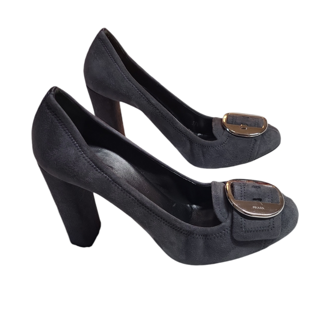 EUC Prada Authentic grey suede Buckle high heeled pumps round toe 9 w/ dust bag - Picture 4 of 15